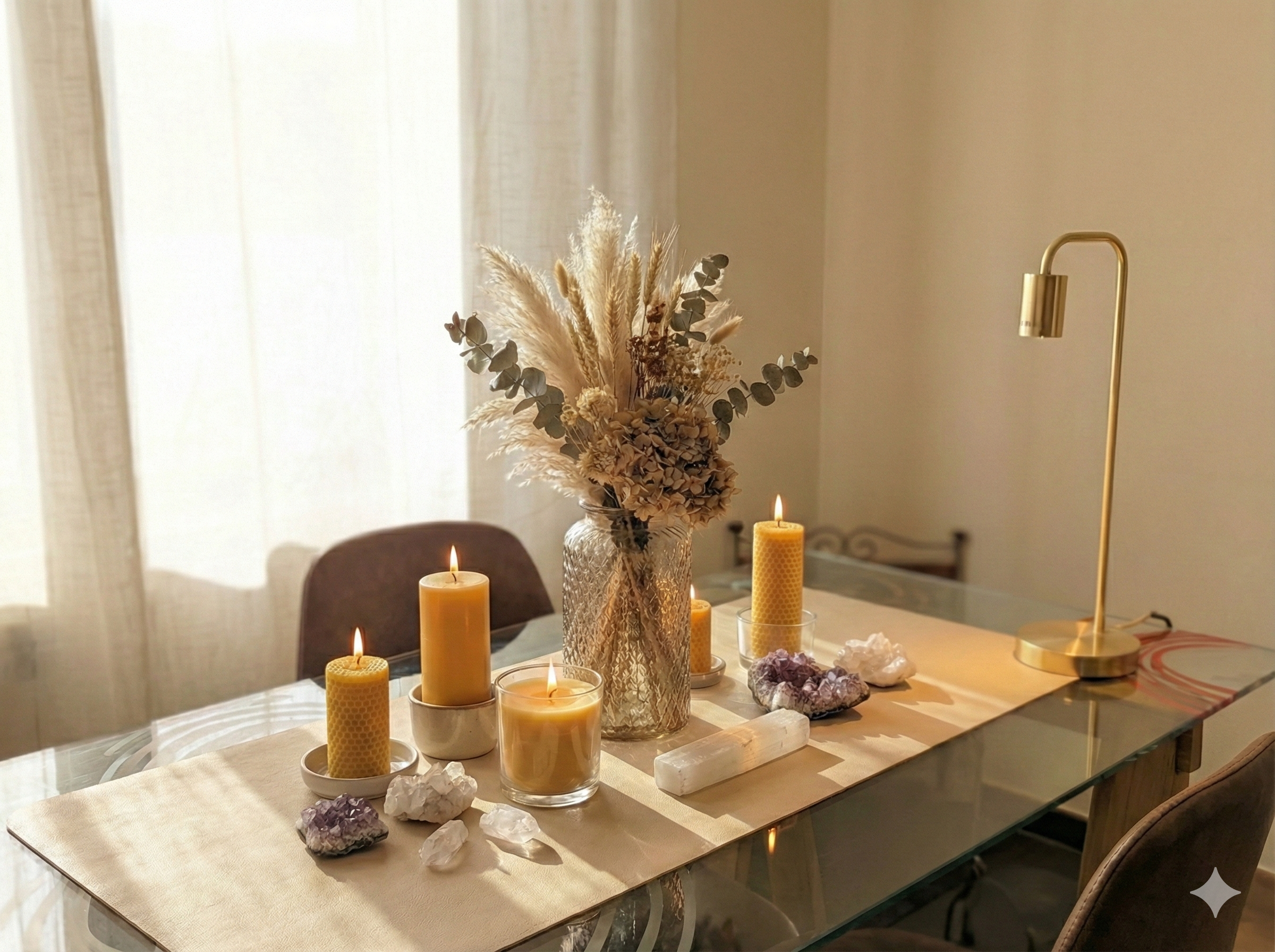 Bouquet de fleurs séchées, bougies et cristaux dans un intérieur lumineux